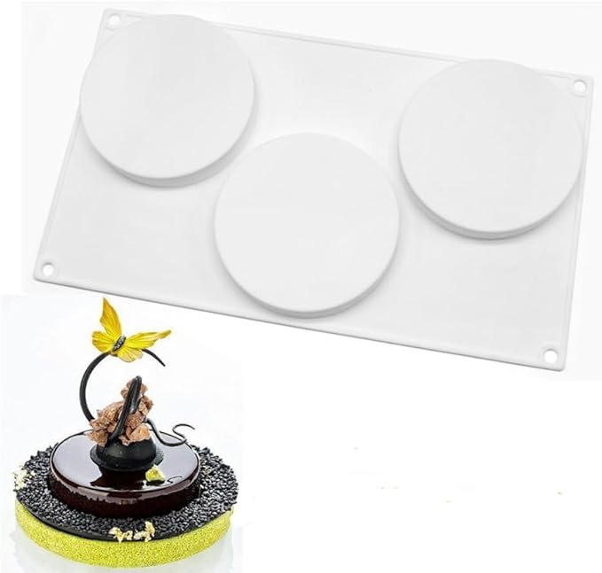 3 Holes Round Silicone Mold Cake Pastry Baking Molds Jelly Pudding Soap Form Ice Cake Decoration Tool Disc Bread Biscuit Mould (Round F_11.84 X6.84 X0.8 inch)