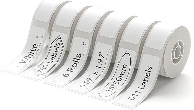NIIMBOT D11 Label Maker Tape 6Rolls Adhesive Thermal Label Paper 0.59" X 1.97" (15 X 50mm) 130 Labels/Roll, Compatible for NIIMBOT D11 D110 Label Printer, 6-Roll White