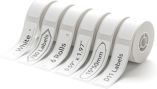 NIIMBOT D11 Label Maker Tape 6Rolls Adhesive Thermal Label Paper 0.59" X 1.97" (15 X 50mm) 130 Labels/Roll, Compatible for NIIMBOT D11 D110 Label Printer, 6-Roll White