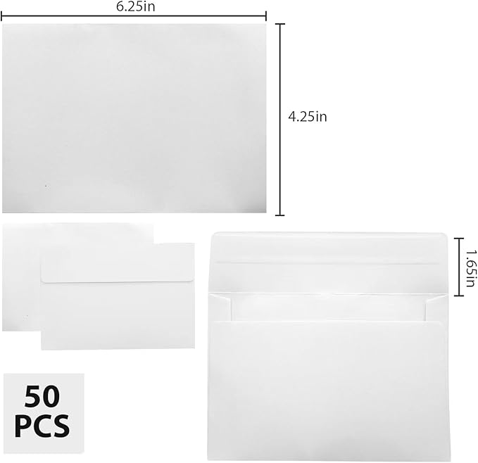 50 Pack White A4 Envelopes - 4x6 Envelopes for Invitations - Printable, Self-Sealing for Photos, Cards, Mailings - Wedding Occasion
