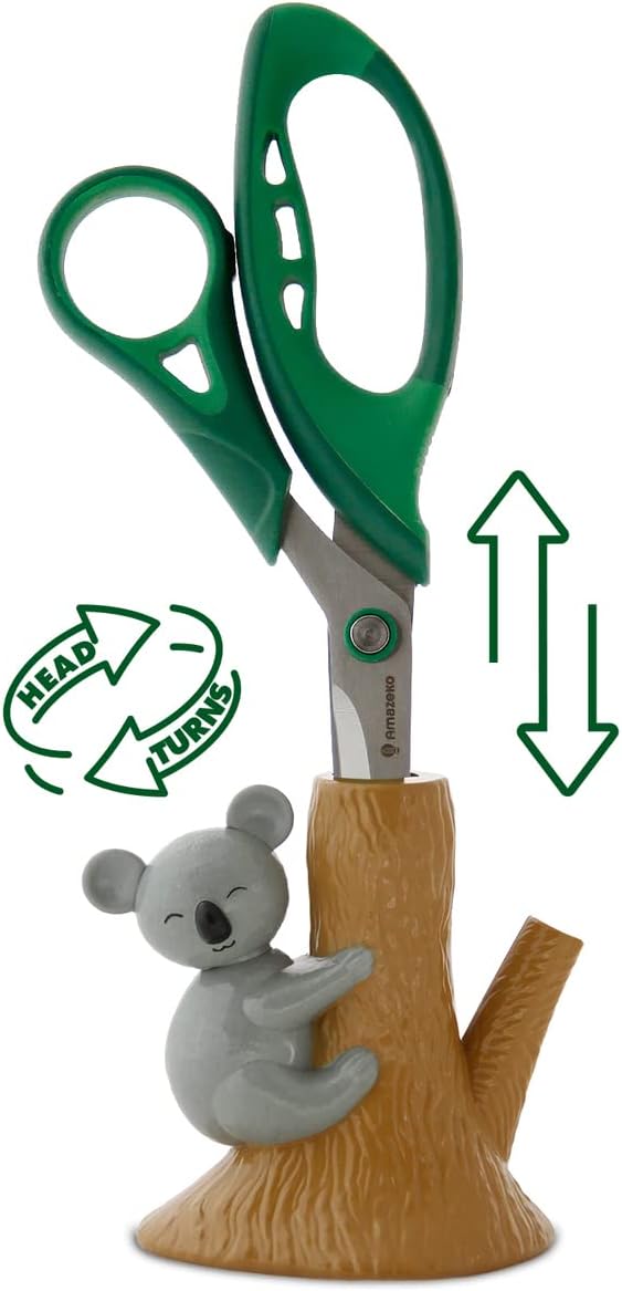 Amazeko Scissors with Animated Koala Holder, 8.5” Stainless Steel Blades, Comfortable Soft Air Grip Handles, Fun Animal Desk Decor with Non-Slip Weighted Tree Base