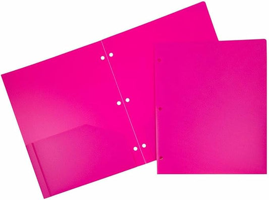 JAM PAPER Heavy Duty Plastic 3 Hole Punch Pocket Folders - Extra Tough School Folders - Fuchsia Hot Pink - 3/Pack