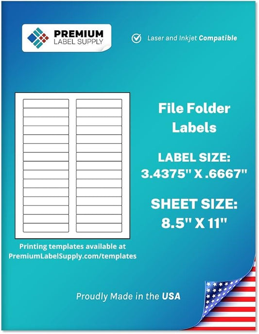 Premium Label Supply White File Folder Labels – 3.4375" x .667" – Laser/Inkjet Compatible – (30 per Sheet), 500 Sheets - 15,000 Total Adhesive Stickers