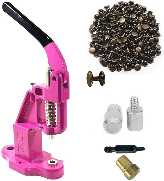 Hobby Trendy Hand Press with 1000 Sets of Iron 9mm Double Capped Rivets with Dies and Hole Punch(Pink Press,Bronze Rivets)