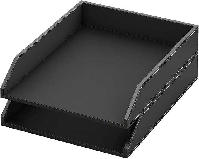 Leather Paper Organizer, 2-Tier Letter Size Tray, Office Desk Organizers and Accessories for Desktop, Office Supplies - Black, 2-Pack