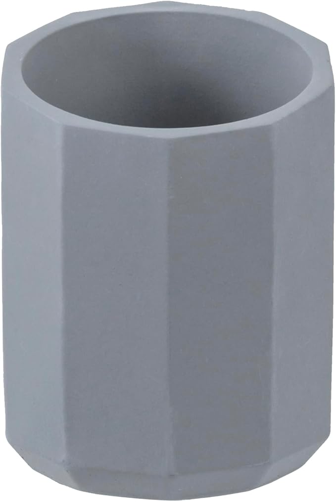 MyGift 3.5 Inch Round Modern Geometric Gray Concrete Pen Holder with Angled Top, Faceted Pencil Cup Office Desk Organizer, Vanity Table Makeup Brush Storage