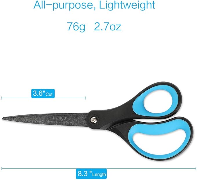 LIVINGO 2 Pack 8" Titanium Non-Stick Scissors, Professional Stainless Steel Comfort Grip, All-Purpose, Straight Office Craft Scissors for DIY(Blue/Black)