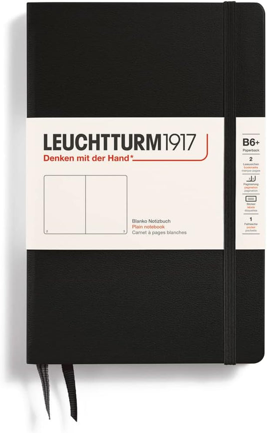 LEUCHTTURM1917 - Notebook Hardcover Paperback B6+ - 219 Numbered Pages for Writing and Journaling (Black, Plain)