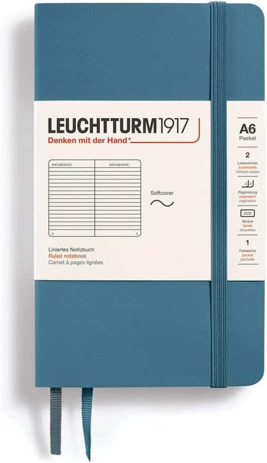 LEUCHTTURM1917 - Notebook Softcover Pocket A6-123 Numbered Pages for Writing and Journaling (Ruled, Stone Blue)