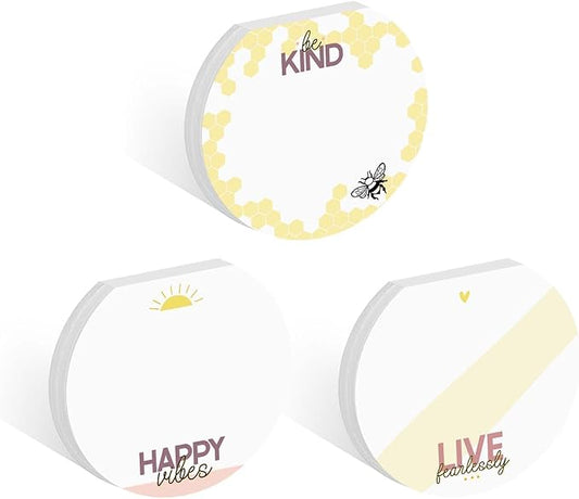 Kindness Sticky Note Pad Assortment/Set of 3 Round Flat Top Motivational Note Pads / 3.5" Be Kind Sticky Notes / 50 Sheets Per Pad/Made in USA