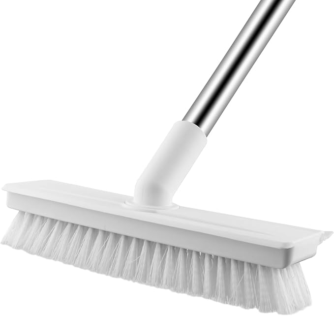 ZHAYAO Floor Scrub Brush with Long Handle, 2 in 1 Scrape Brush Stiff Bristle Floor Scrubber for Cleaning Shower Bathroom Garage Kitchen Wall Deck Tub Tile (White, 1 Pack)