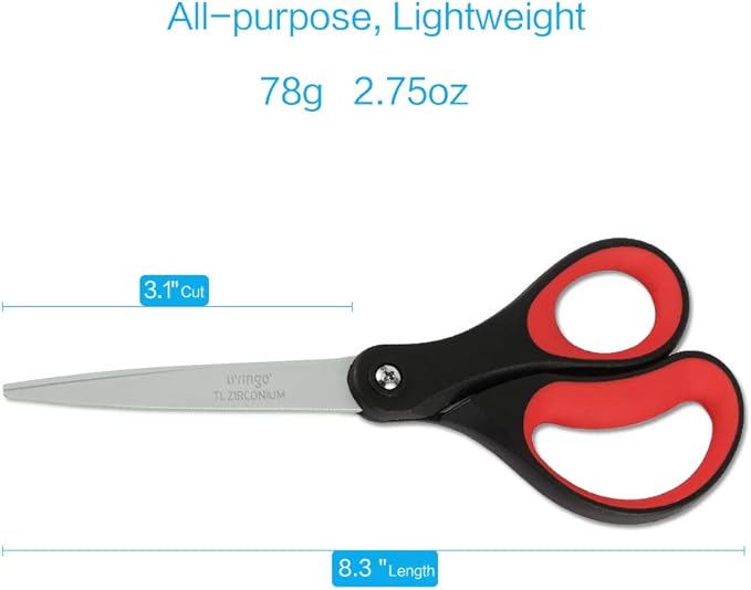 LIVINGO 8“ Scissors All Purpose 3-Pack, Titanium Ultra Sharp for Office Home School Sewing Fabric Craft Supplies, Premium Stainless Steel, Comfort Grip（Red/Black）