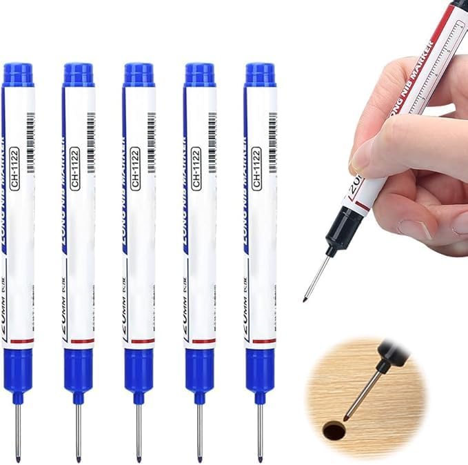 5PCS Long Head Deep Hole Marker Pens, 20mm Deep Reach Long Nose Markers, 45mm Permanent Markers Carpenter Ink Marker Pens, Waterproof Construction Markers Marking Tool, Metal Marking Pen (Blue)