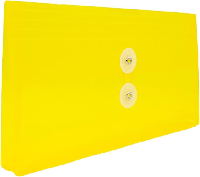 JAM PAPER Plastic Envelopes with Button & String Tie Closure - #10 Business Booklet - 5 1/4 x 10 - Yellow - 12/Pack