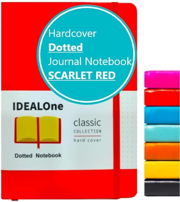 IDEALOne Dotted Hardcover Leather Notebook Journal – Work, Home, School, 5.7 x 8 inches, 7mm wide, 160 Pages, 100GSM, with Elastic Band and Ribbon Bookmark (Scarlet Red, Single)