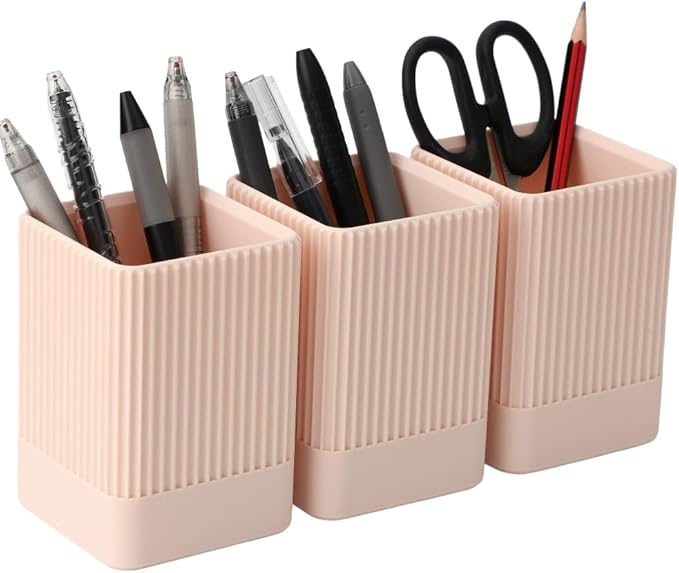 3 Pack Aesthetic Pen Holder for Desk-Sturdy Plastic Pencil Holder - Stylish Makeup Brushes Cup for Women Girls - Cute and Functional Desk Organizer for Office Supplies - Modern Office Decor Pen Cup