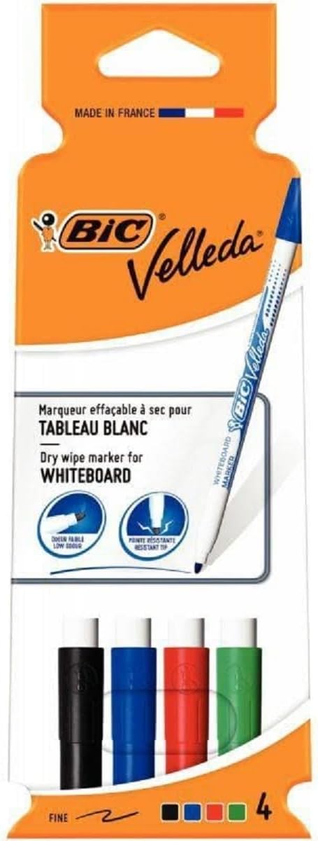 BIC Velleda 1721 Whiteboard Markers - Assorted Colours, Pack of 4, Dry Erase Pens for School or Office