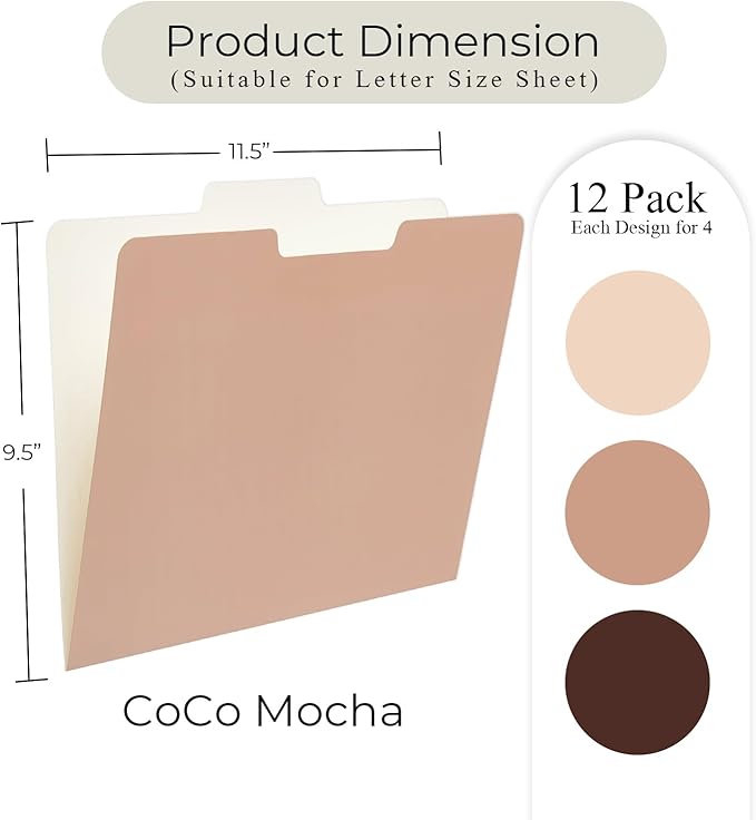Y YOMA 12 Pack Colored File Folders Letter Size Gradient File Folder with 1/3-Cut Tab Cute Pretty Decorative Heavyweight Filing Folder File Organizers for Office School Home Desktop, Coco Mocha
