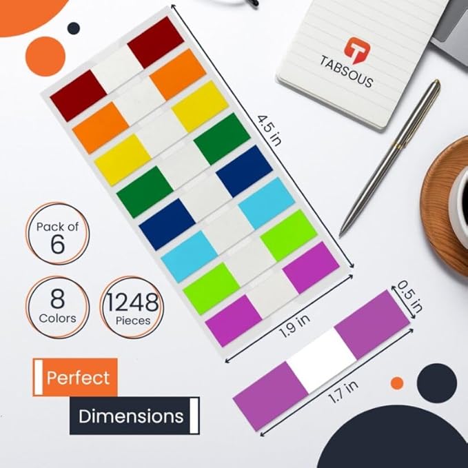 Tabsous 1248 Sticky Tabs - Repositionable, Writable Index Tabs & Page Flags for Books, Files, and Notes - Transparent Colored Markers for Organizing, Highlighting, Classifying Documents (08 Colors)