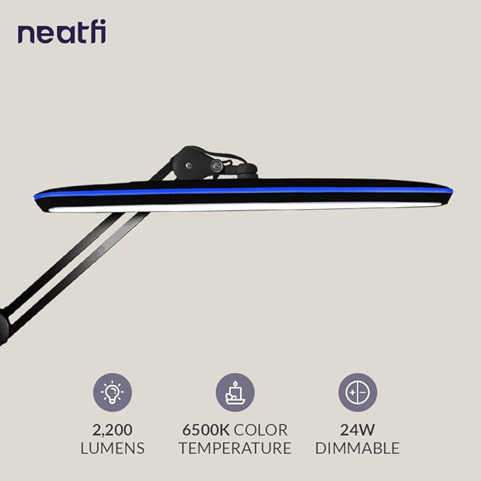 Neatfi XL 2,200 Lumens LED Desk Lamp, 23 Inches 24W, Adjustable Arm, Dimmable, Eye Caring, Nail Light for Home, Office, Study Lamp (Non-CCT with Clamp, Black)