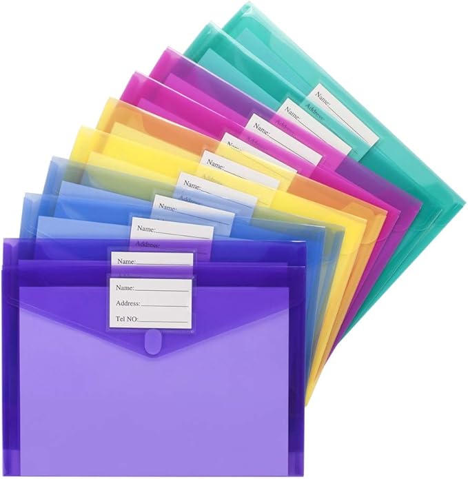 Sooez 10 Pack Plastic Envelopes Poly Envelopes, Clear Document Folders File Folders US Letter A4 Size File Folder with Label Pocket, Teacher School Office Supplies Organization Storage, Assorted Color