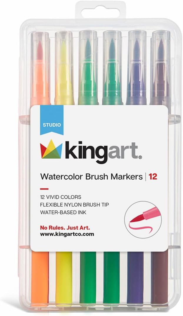KINGART 'Watercolor-Effect' Brush Markers (410-12), 12 Colors - Brightly Colored Markers, Journaling, Lettering, Kids and Adult Coloring Books, and More, Convenient Carrying Case