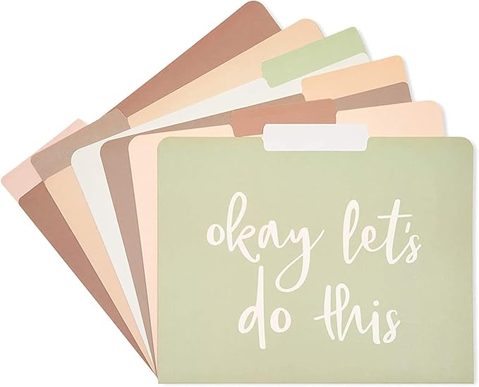 Paper Junkie Decorative File Folders, Letter Size for Women, Cute Earth Tone Aesthetic Office Supplies with Inspirational Sayings, 1/3 Cut Tabs (11.5 x 9.5 Inches) - Pack of 12 - Cute File Folders