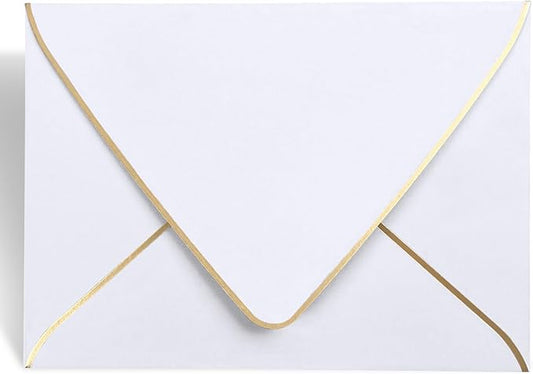 A7 White Envelopes 5 x 7 With Gold Border,- 50 Pack,For 5x7 Cards| Quick Self Seal| Perfect for Weddings, Invitations, Photos, Graduation, Baby Shower| 250GSM Luxury paper|5.25 x 7.25 Inches (White))