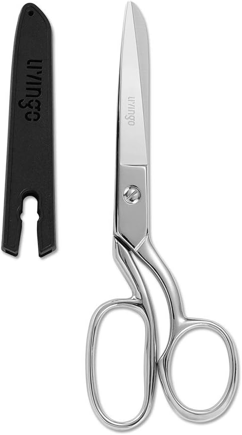 LIVINGO 8" Professional Heavy Duty Tailor Fabric Scissors, Dressmaker Sewing Classic Stainless Steel Ultra Sharp Forged Shears, Bent A-silver