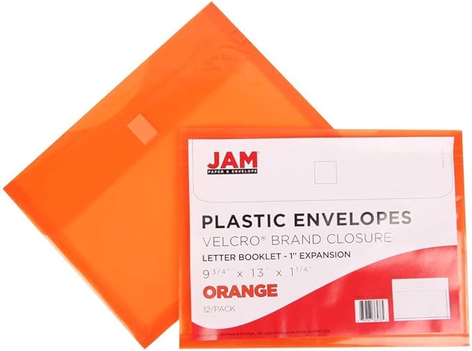 JAM PAPER Plastic Expansion Envelopes with Hook & Loop Closure - Letter Booklet - 9 3/4 x 13 with 1 Inch Expansion - Assorted Colors - 6/Pack
