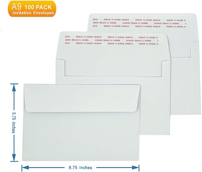 A9 Invitation envelopes（100 PCS 5.75x8.75 in ）- windowless design 120GSM white paper envelopes with printable quick self-seal for invitations, greeting cards, invoices