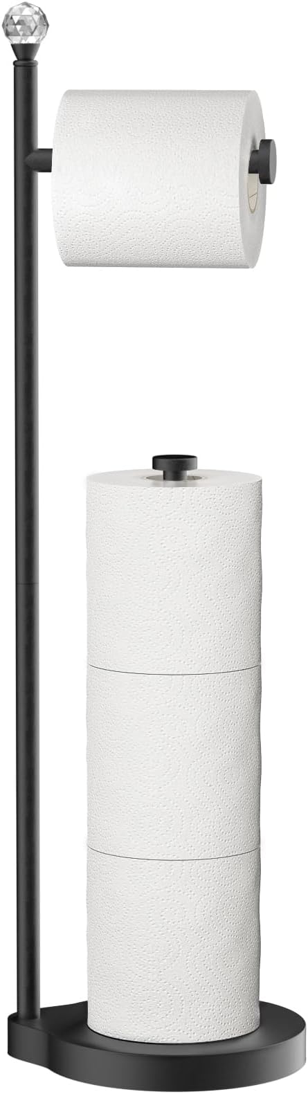 KASUNTO Toilet Paper Holder for Bathroom, Heavy Weighted Metal Free Standing Toilet Paper Storage with Crystal Ball, Toilet Paper Stand for Bathroom Accessories, Matte Black [Holds MEGA Rolls]