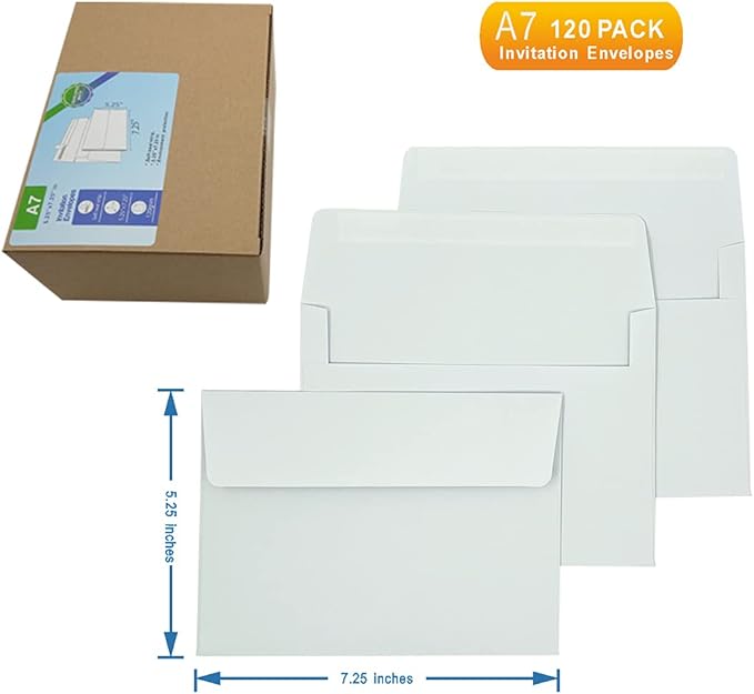 A7 Invitation envelopes （120 PCS 5.25x7.25 in） - windowless design 120GSM white paper envelopes with printable quick self-seal for invitations, greeting cards, photos, invoices