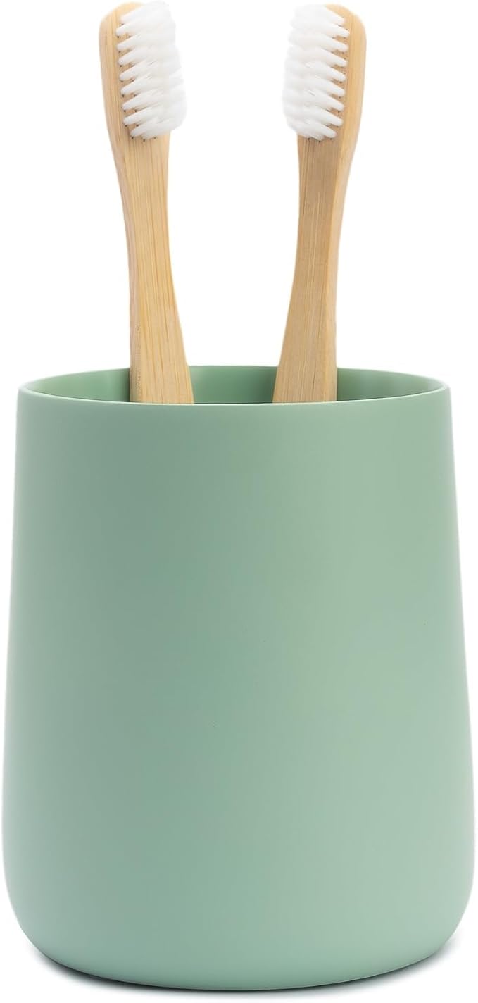 Yew Design Matte Sage Green Toothbrush and Toothpaste Holder and Cup for Bathroom Vanity and Countertop, Round Organizer for Electric Toothbrushes, Floss, Razors, Cotton, and Mouthwash