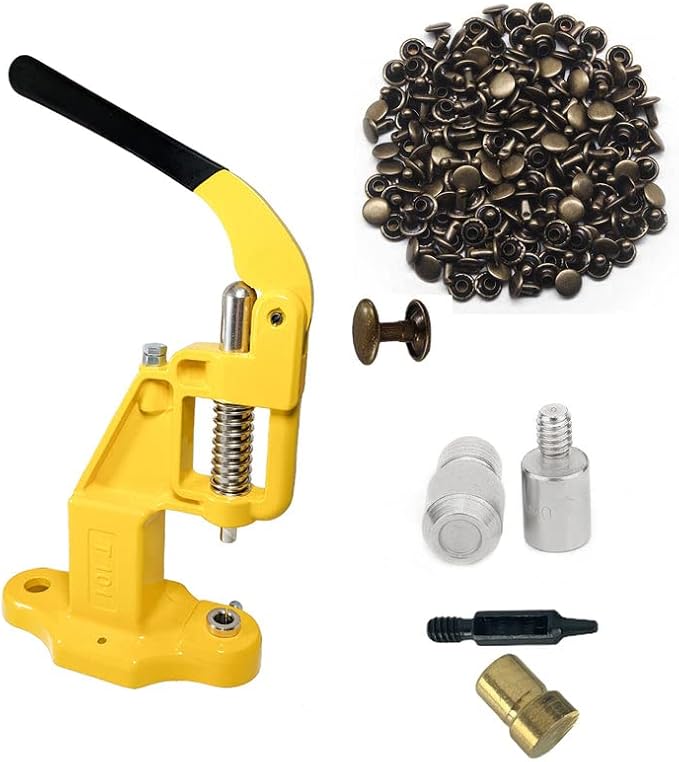 Hobby Trendy Hand Press with 1000 Sets of Iron 9mm Double Capped Rivets with Dies and Hole Punch(Yellow Press,Bronze Rivets)