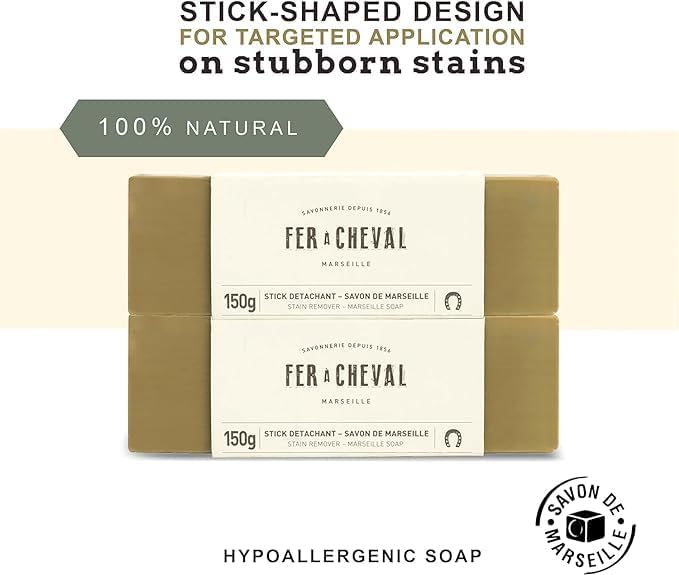 Fer à Cheval Marseille Soap Stain Remover Stick 2 Pack - Natural, Hypoallergenic, Travel-Sized Laundry Solution, 150g/5.29oz (Stick)