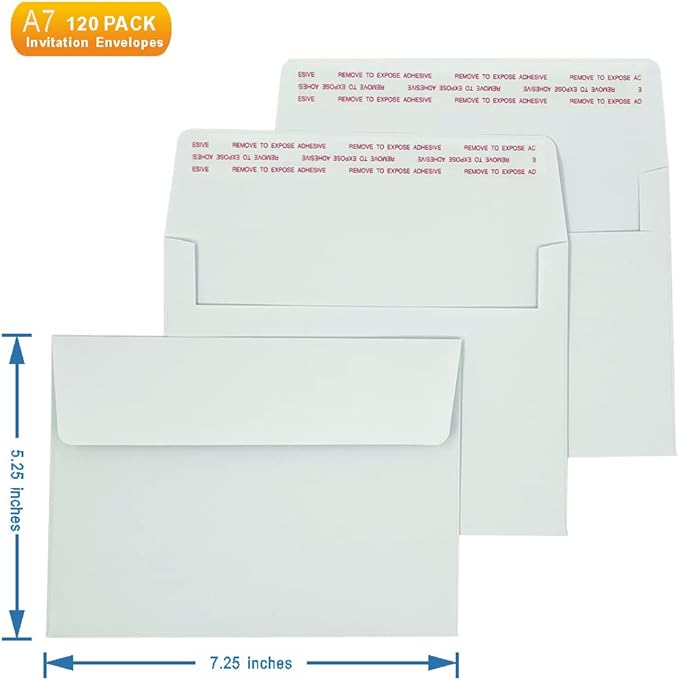 A7 Invitation Envelopes (200 PCS) - 5.25x7.25 in Windowless Design, 120GSM White Paper, Printable Quick Self-Seal for Greeting Cards, Photos, Invoices