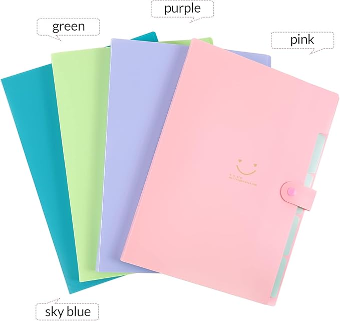 SKYDUE 4 Packs Expanding File Folder with 32 Labels,5 Pockets A4 Letter Size Accordion Folder Paper Organizer for School and Office