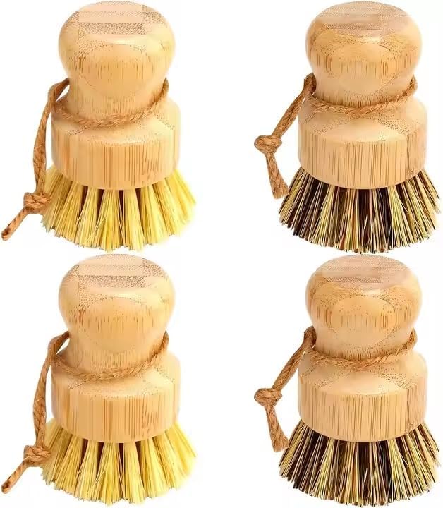 4 Pcs Bamboo Dish Brush Set – Natural Dish Scrubber with Ergonomic Handle, Durable Kitchen Cleaning Brush for Dishes, Pots & Pans – Sisal Bristles for Cast Iron