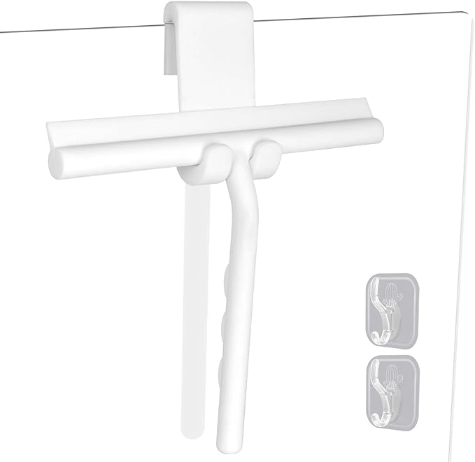 DEOFUXT Shower Squeegee for Glass Doors, Full Silicone Jacketed Squeegee with Ergonomic Handle & No-Drill Hook, Cleaning Tool for Windows, Mirrors, Tiles, Bathroom & Car - White