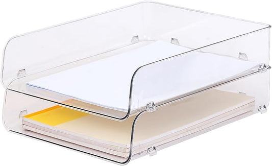 Gagee 2 Pack Paper Organizer for Desk,Clear Stackable Paper Sray, Office Desk Organizer for Notes, Pens, File, Document, Paper Holder ﻿