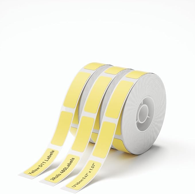 NIIMBOT Yellow Label Paper 0.47" x 1.57" (12 x 40mm), 160 Labels/Roll, 3-Roll Pack, Compatible with NIIMBOT D11 D110 Label Printer