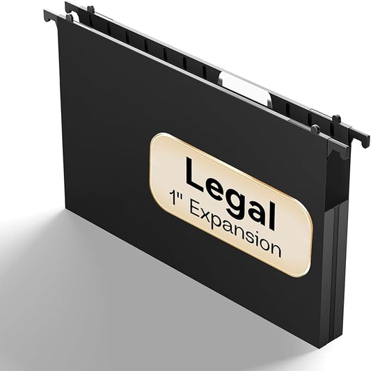Plastic Legal Size Hanging File Folders,Heavy Duty 1 Inch Expansion,12 Pack Reinforced Black Legal Hanging Folders Expandable,Adjustable Tabs,File Cabinet Folders for Bulky Files