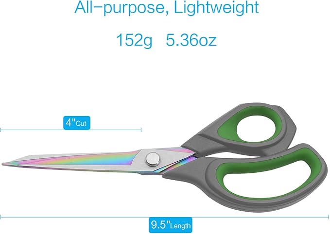 LIVINGO Professional Sharp Fabric Scissors - Titanium Coated Forged Steel Heavy Duty Shears All Purpose for Sewing Craft Cutting Cloth, Paper, Leather, 9.5 Inches, Gray/Green
