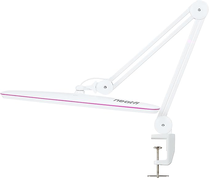 Neatfi XL 2,200 Lumens LED Desk Lamp, 23 Inch, 24W, Adjustable Arm, Dimmable, Eye Caring, Nail Light for Home, Office, and Study Room (Non-CCT with Clamp, White with Pink Ring)