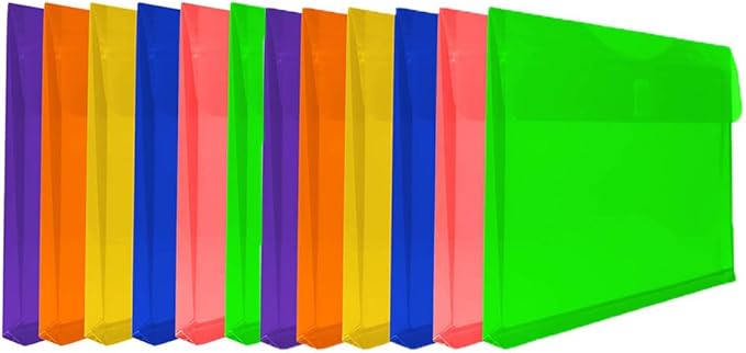 JAM PAPER Plastic Expansion Envelopes with Hook & Loop Closure - Letter Booklet - 9 3/4 x 13 with 1 Inch Expansion - Assorted Colors - 12/Pack