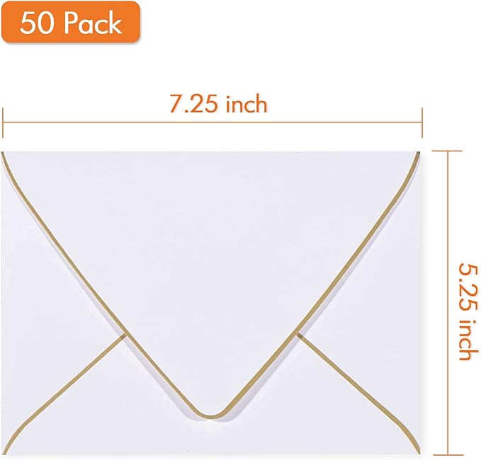 A7 White Envelopes 5 x 7 With Gold Border,- 50 Pack,For 5x7 Cards| Quick Self Seal| Perfect for Weddings, Invitations, Photos, Graduation, Baby Shower| 250GSM Luxury paper|5.25 x 7.25 Inches (White))