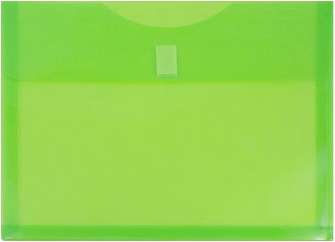 JAM PAPER Plastic Expansion Envelopes with Hook & Loop Closure - Letter Booklet - 9 3/4 x 13 with 1 Inch Expansion - Lime Green - 12/Pack