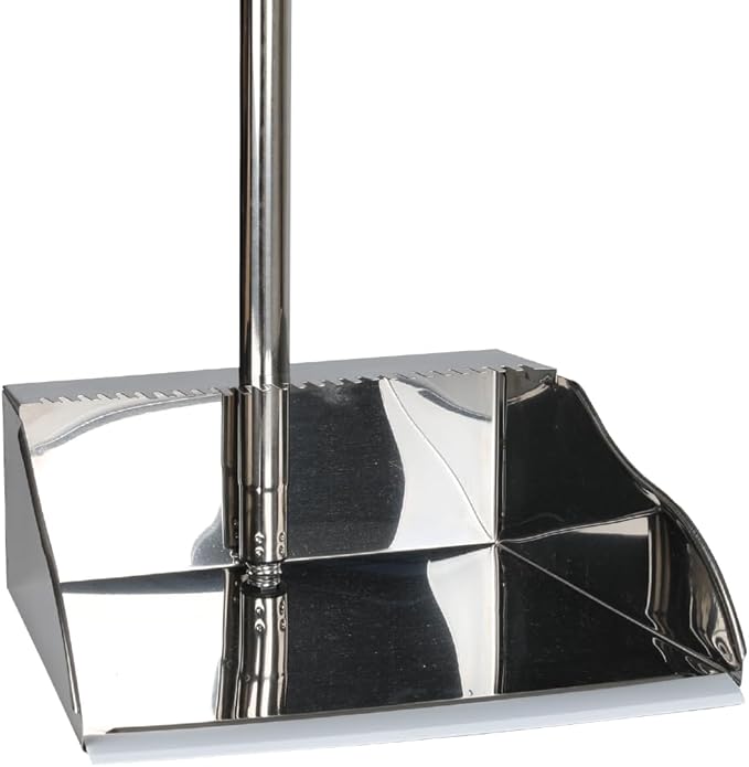 Metal Dustpan Long Handle Stainless Steel Dustpan,Heavy Duty Standing Dust Pan with Teeth, Indoor Outdoor Up for Home Kitchen Lobby Room Office