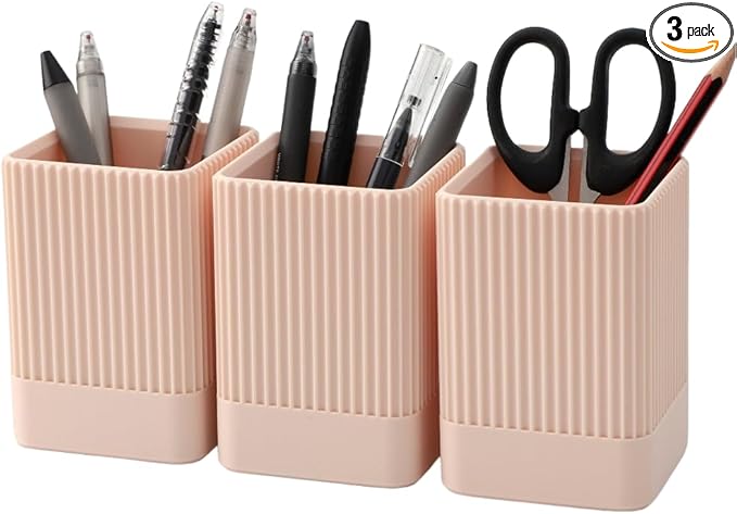 3 Pack Aesthetic Pen Holder for Desk-Sturdy Plastic Pencil Holder - Stylish Makeup Brushes Cup for Women Girls - Cute and Functional Desk Organizer for Office Supplies - Modern Office Decor Pen Cup